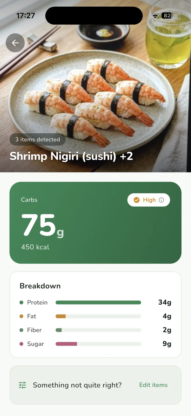 CarbIO analysis of shrimp nigiri with green tea: 75 g carbs, 450 kcal, high confidence
